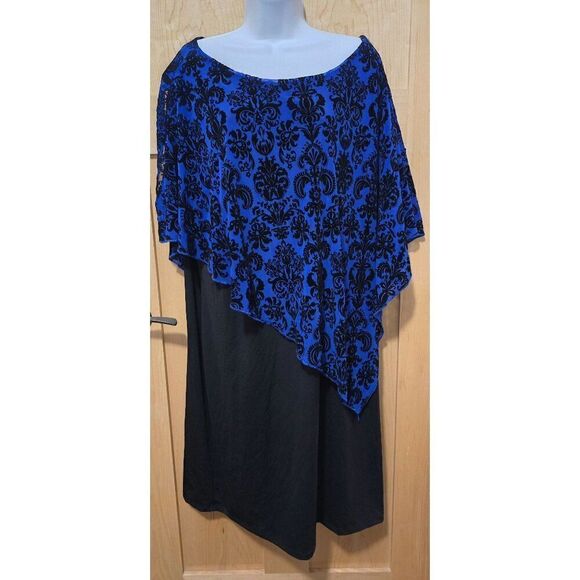 JSP Womens 2X Blue & Black Damask Cape Dress Polyester Spandex - Picture 1 of 6